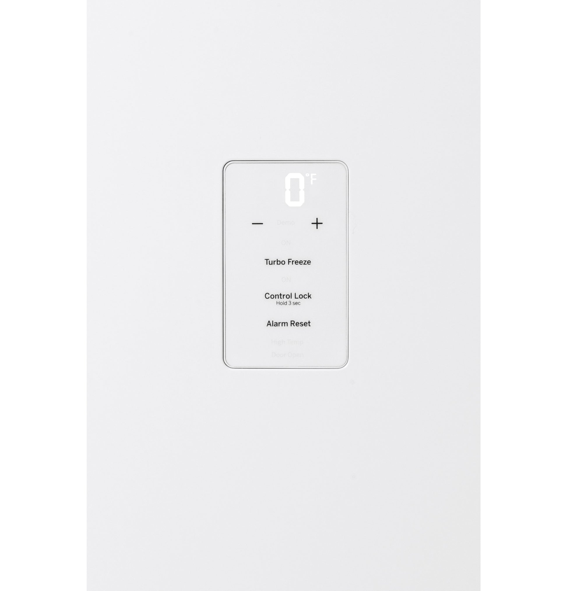 Close-up of white freezer digital control panel with temperature display and buttons for Turbo Freeze and Alarm Reset