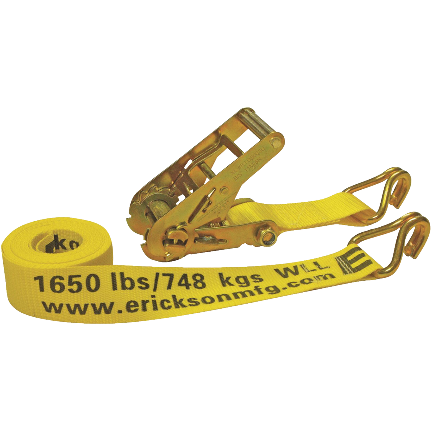 Yellow heavy-duty ratchet strap with double J hooks and sturdy metal ratchet for cargo tie-down and towing use