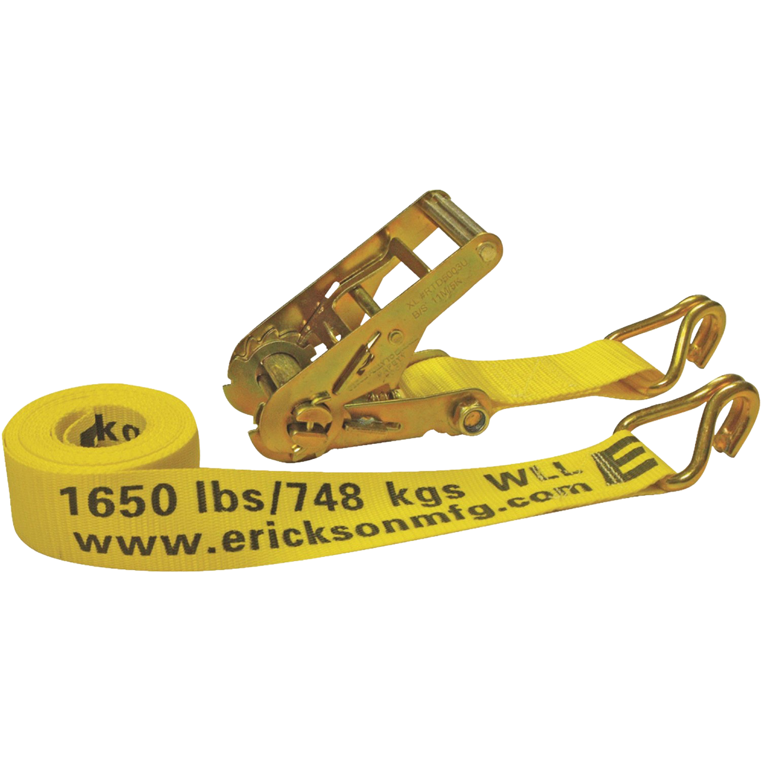 Yellow heavy-duty ratchet strap with double J hooks and sturdy metal ratchet for cargo tie-down and towing use