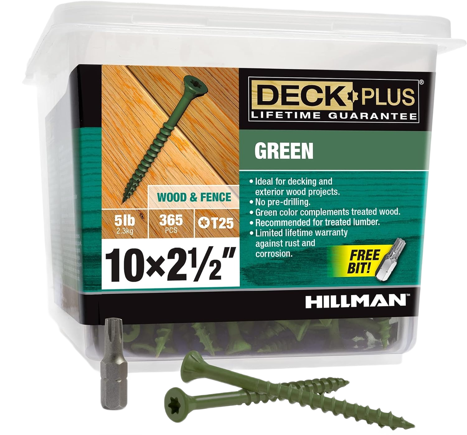 Plastic container of green wood screws with a free bit, suitable for decking and treated lumber projects in hardware collection