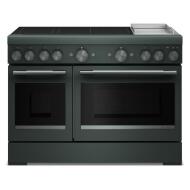 Front view of dark green freestanding range with six induction elements, dual ovens, and griddle from kitchen appliances collection