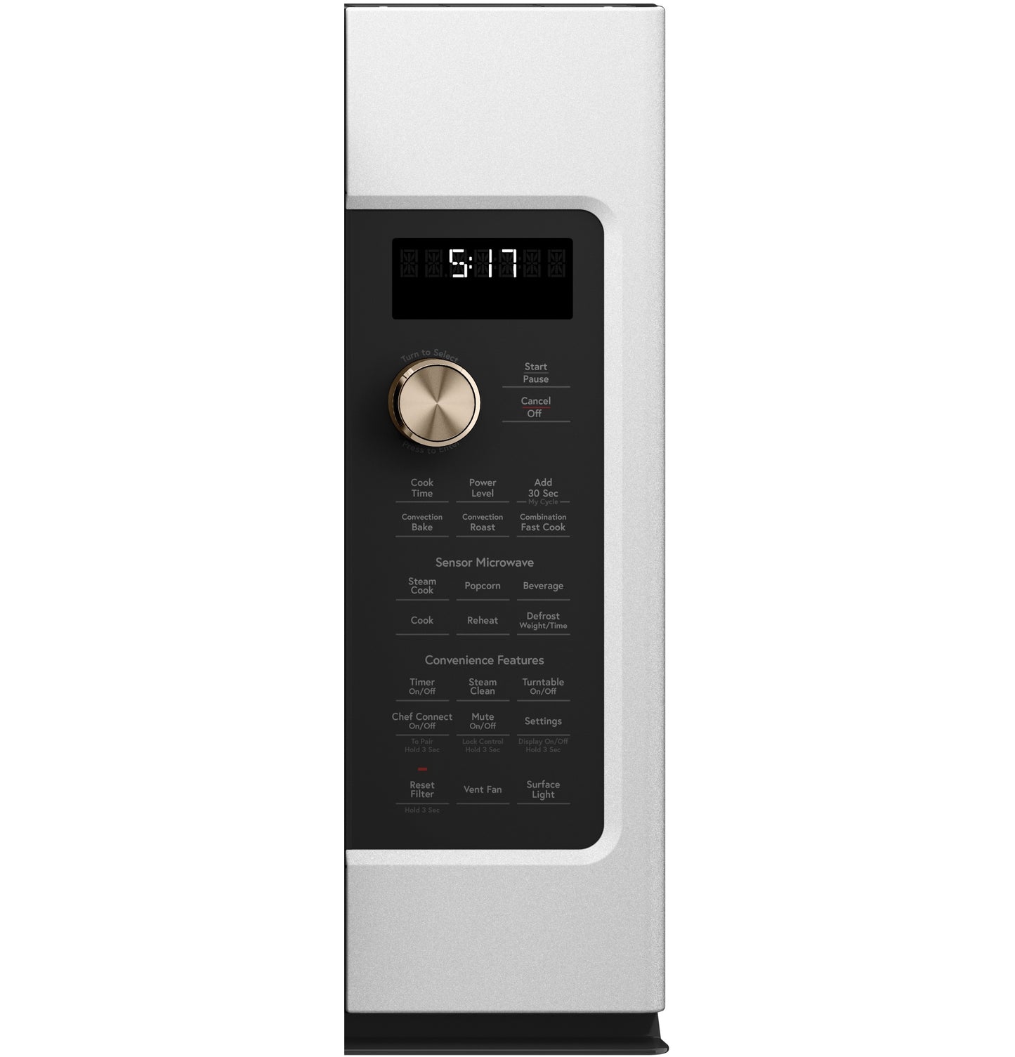 Side view of stainless steel convection microwave oven control panel with digital display and dial from kitchen appliances collection