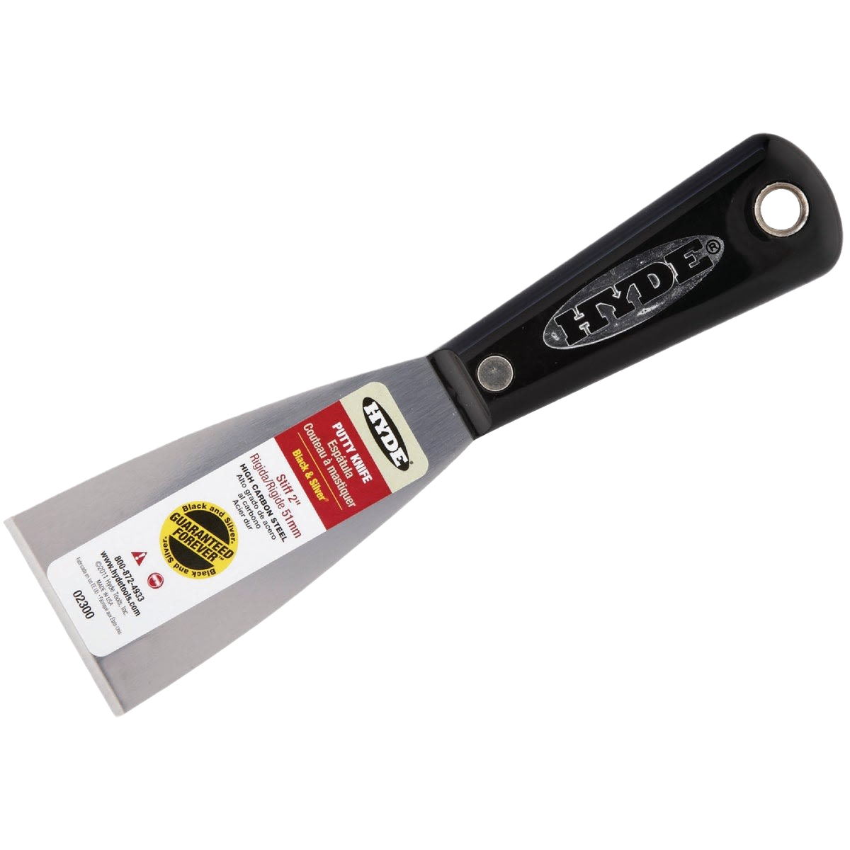 Black and silver stiff putty knife with durable high-carbon steel blade, ideal for paint and home improvement tools collections