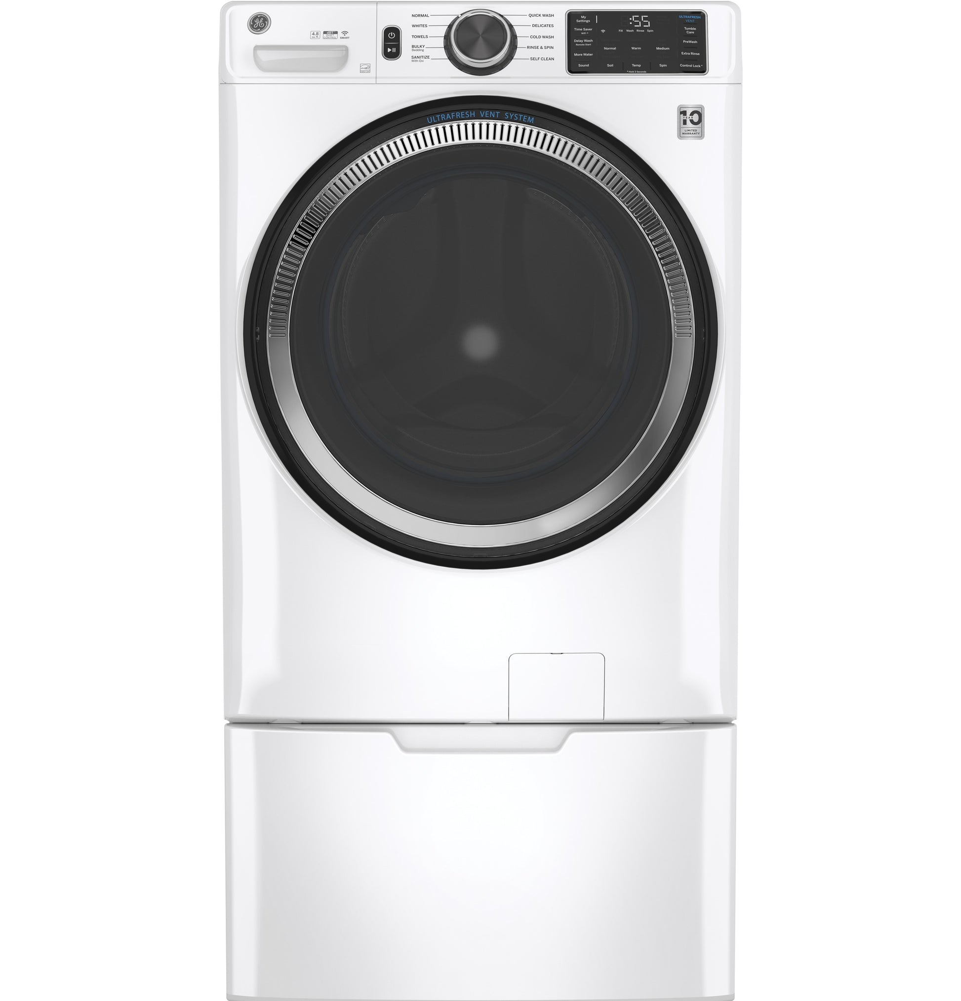 White front-load washing machine with digital controls on top and matching pedestal for laundry appliance support