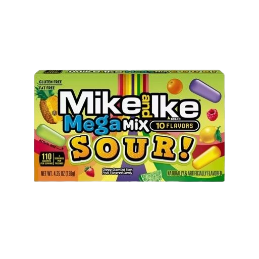 Box of Mike and Ike Mega Mix Sour chewy fruit candies with 10 tangy flavors in chocolates and candies under 25 dollars