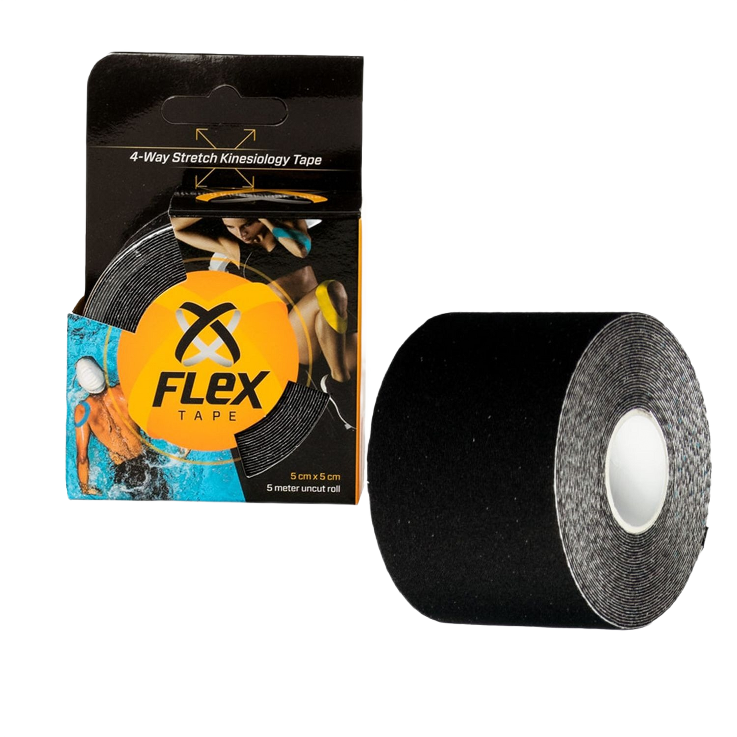 Black kinesiology tape roll and packaging with 4-way stretch for muscle support in Health & Beauty under $50 collection