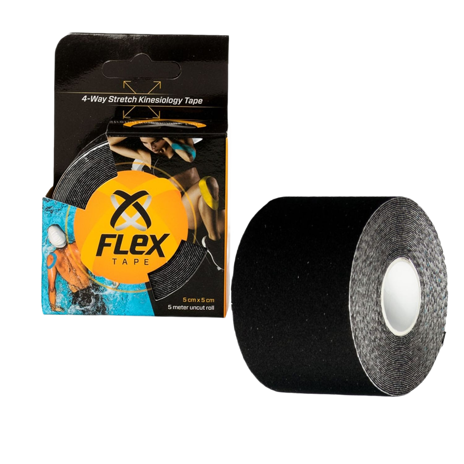 Black kinesiology tape roll and packaging with 4-way stretch for muscle support in Health & Beauty under $50 collection