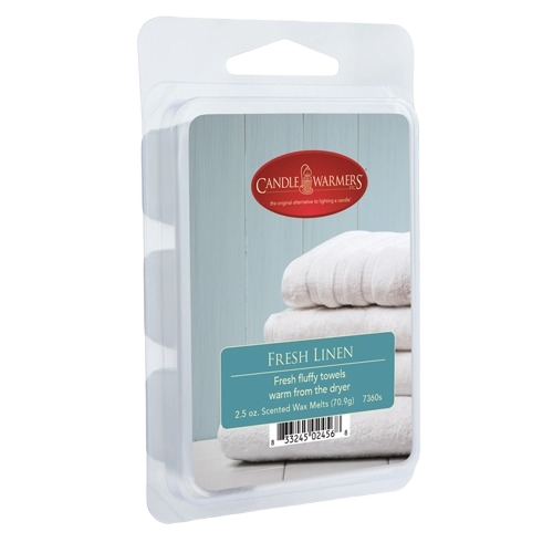 Scented wax melts with fresh linen fragrance in clear plastic clamshell packaging for home use