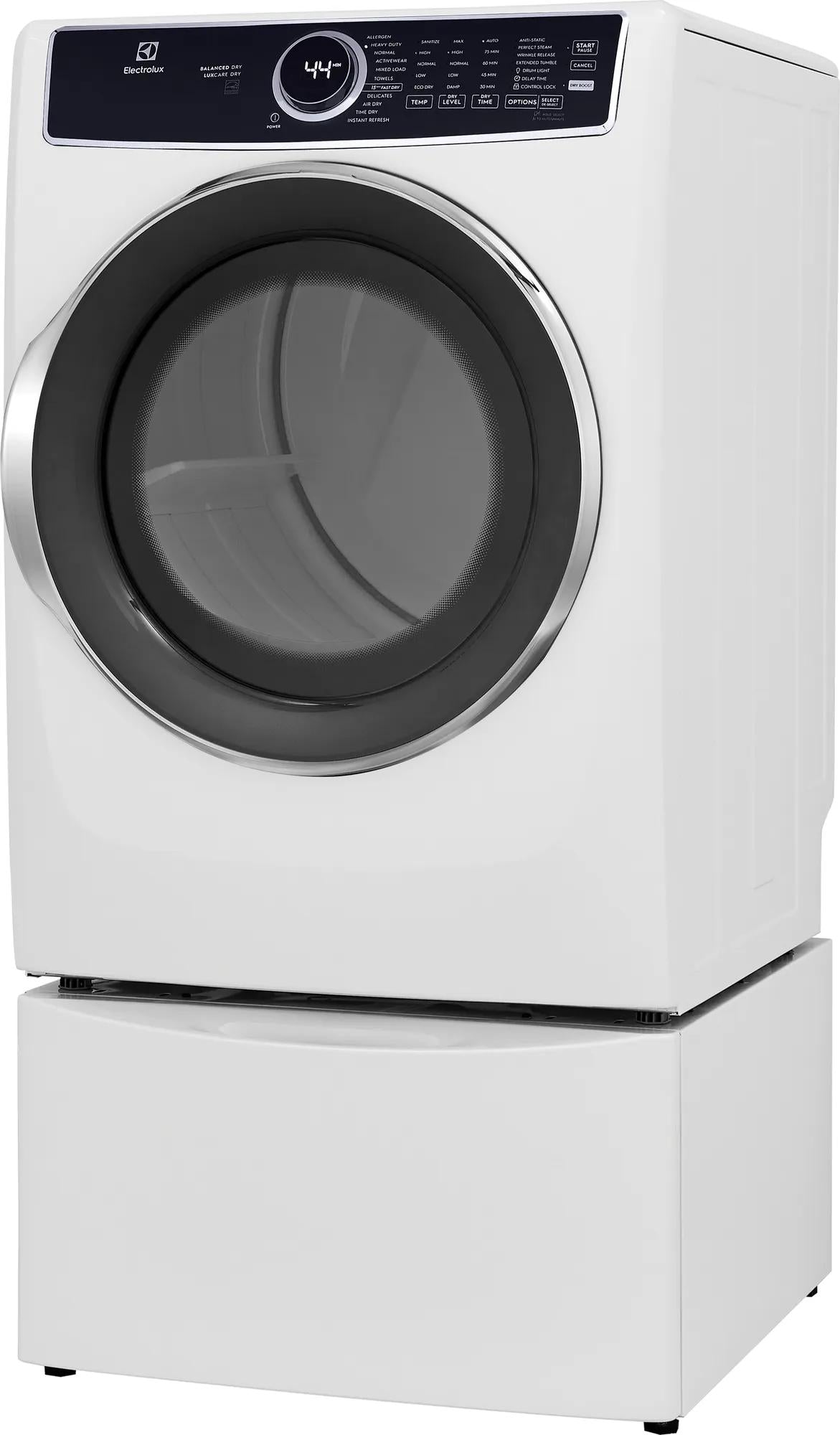 White front load gas dryer with digital display and circular door in Dryers, Appliances, and Washers & Dryers collections