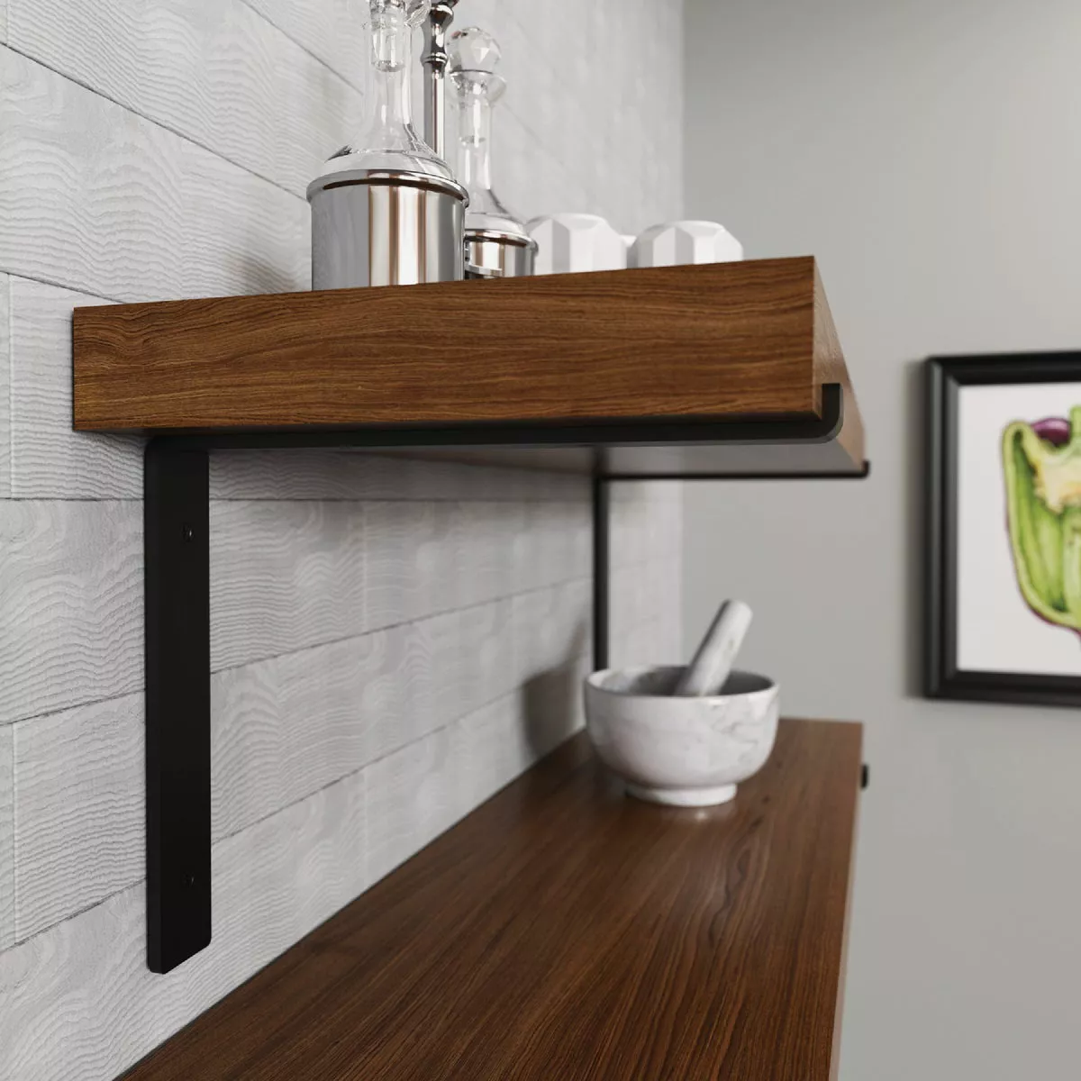 Black metal bracket supporting a wooden shelf in home shelving and storage organization under $50 collections