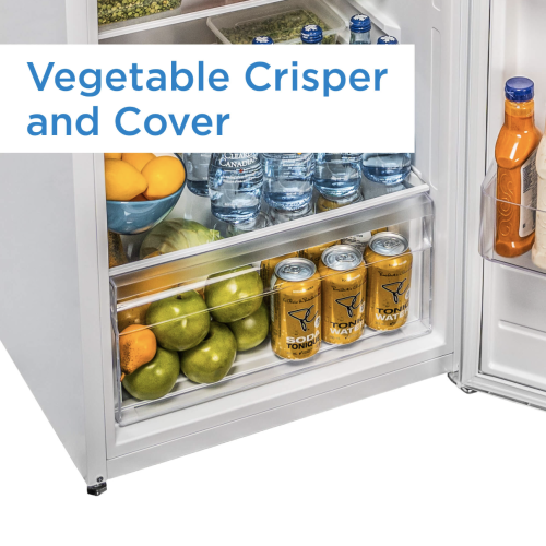 interior view of refrigerator showing vegetable crisper drawer stocked with fresh produce and beverages