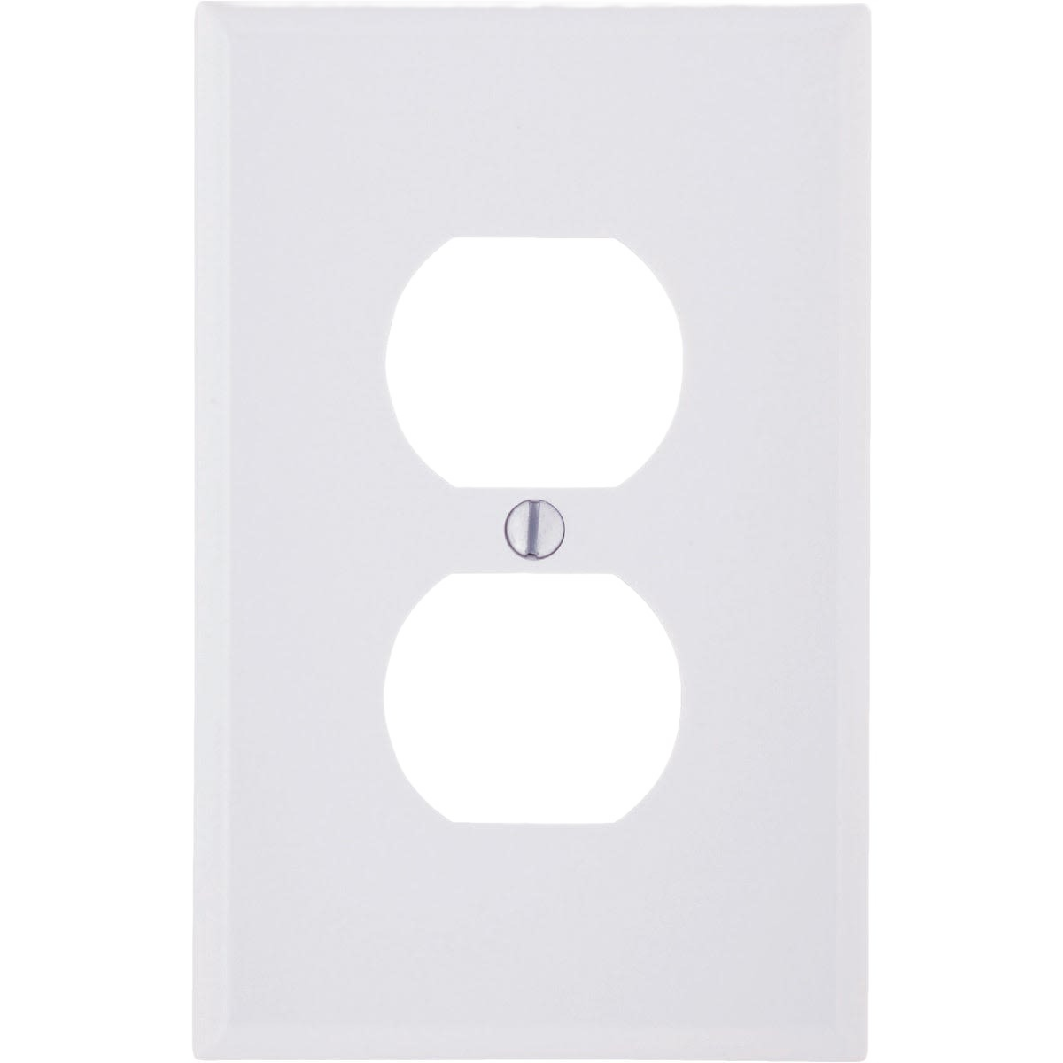 Smooth white outlet wall plate with single gang opening and center screw for home improvement use