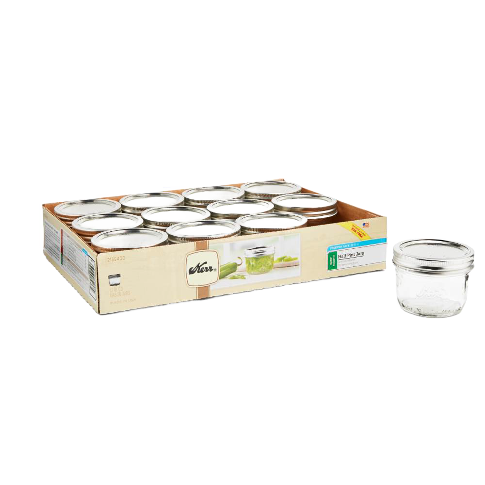 Clear glass half-pint canning jars with wide mouths, set of 12, durable kitchenware for home food preservation.