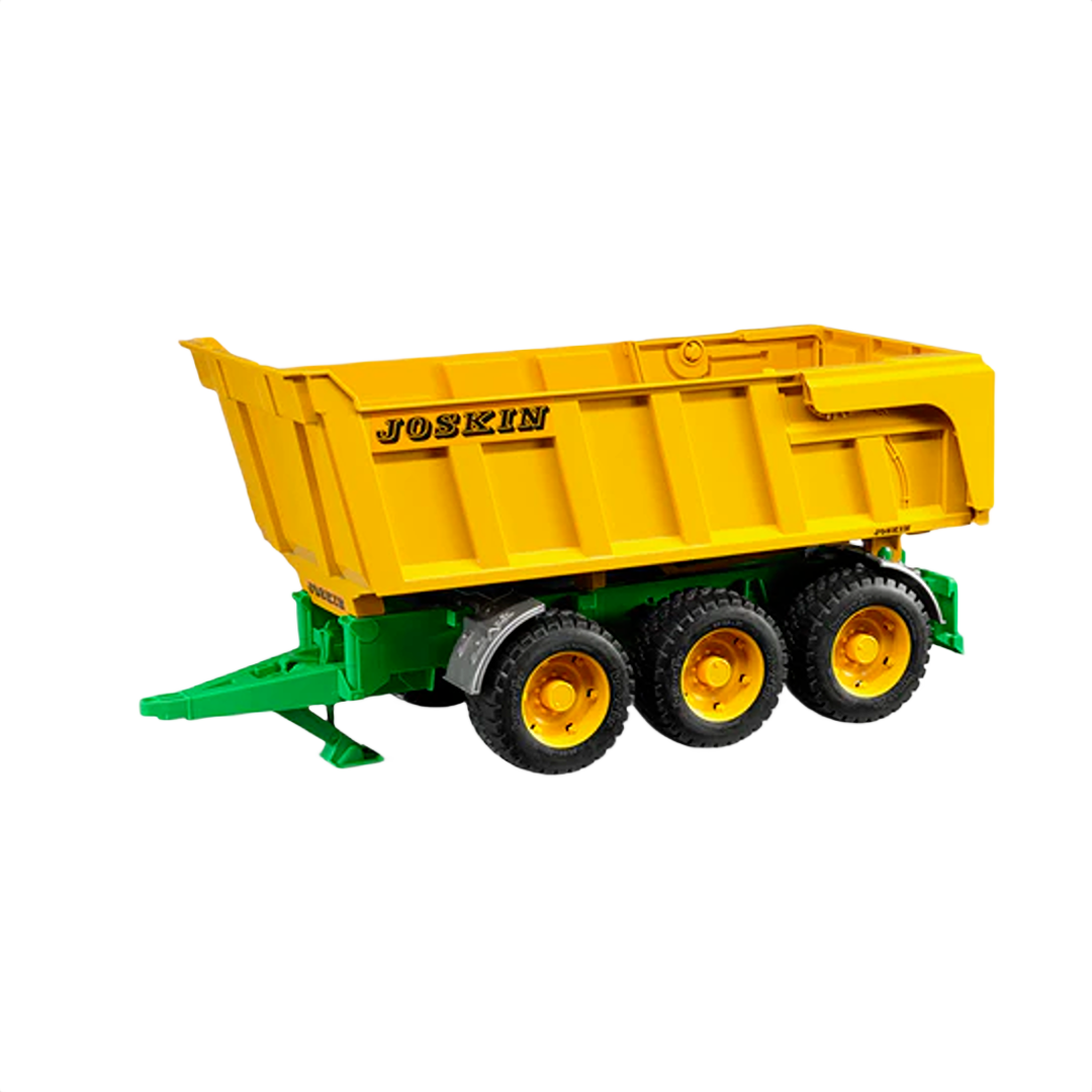 Yellow and green tipping trailer model with triple wheels for agricultural or construction playsets and tools enthusiasts