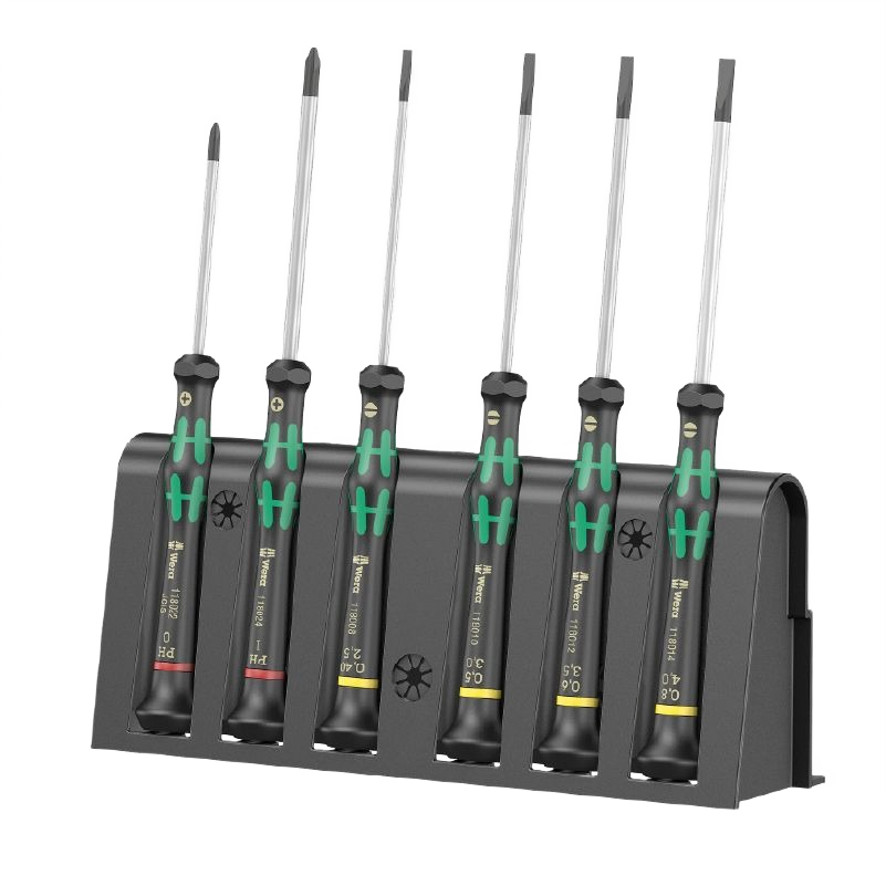 Set of six precision slotted and Phillips screwdrivers with ergonomic handles in a black storage rack for home improvement tasks