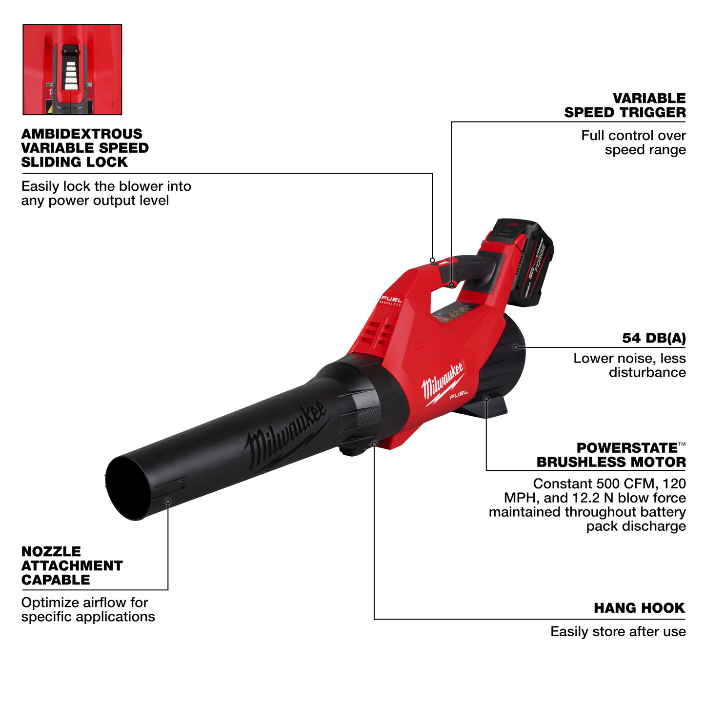 Red and black cordless blower with variable speed trigger, brushless motor, and nozzle attachment for home improvement tasks