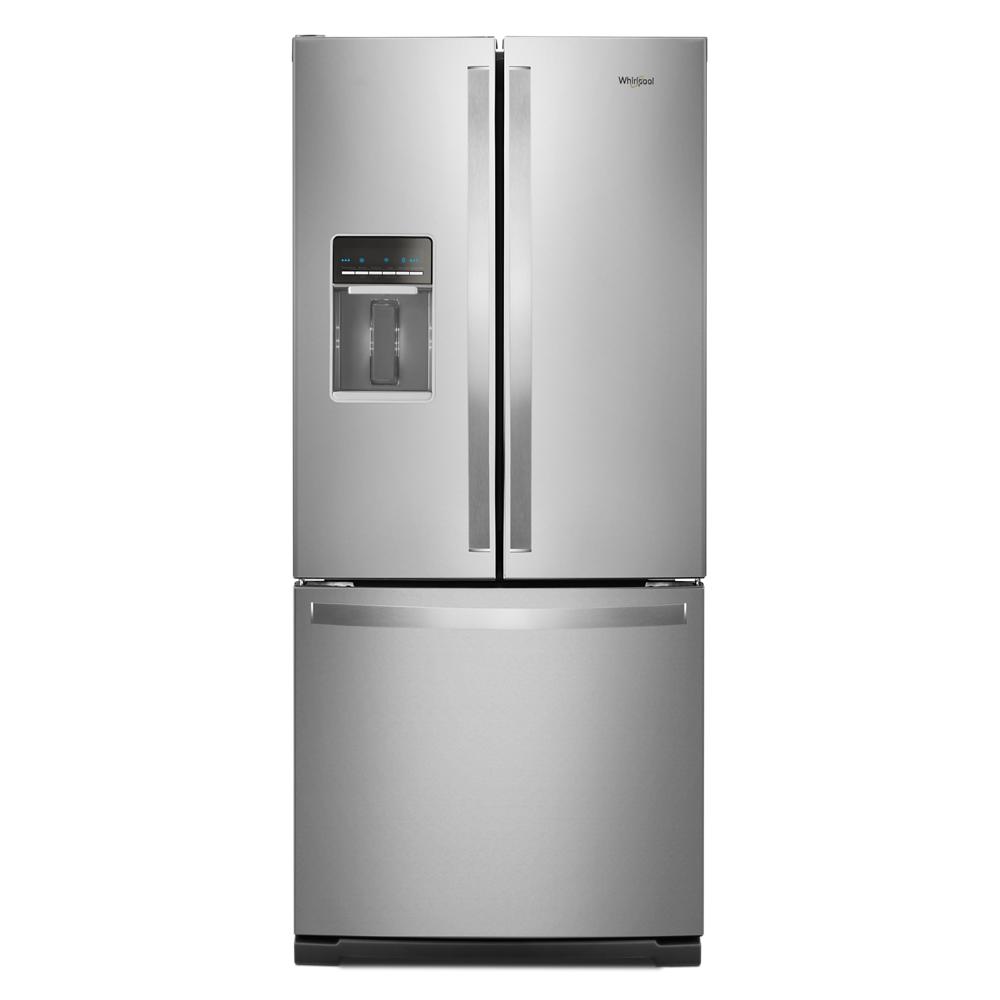 Stainless steel French door refrigerator with bottom freezer and external water and ice dispenser in appliances collection