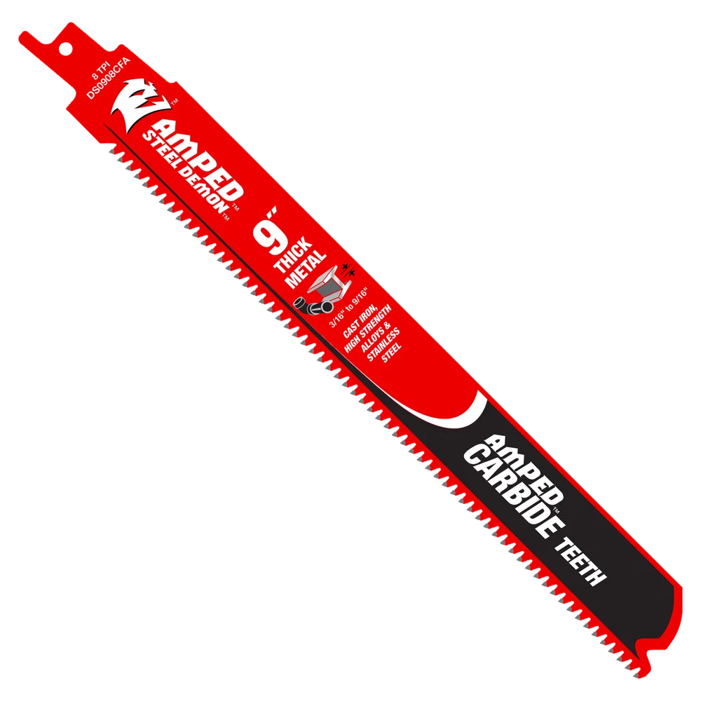 Red 9-inch carbide-tipped saw blade for thick metal cutting in woodworking and power tool accessories collection