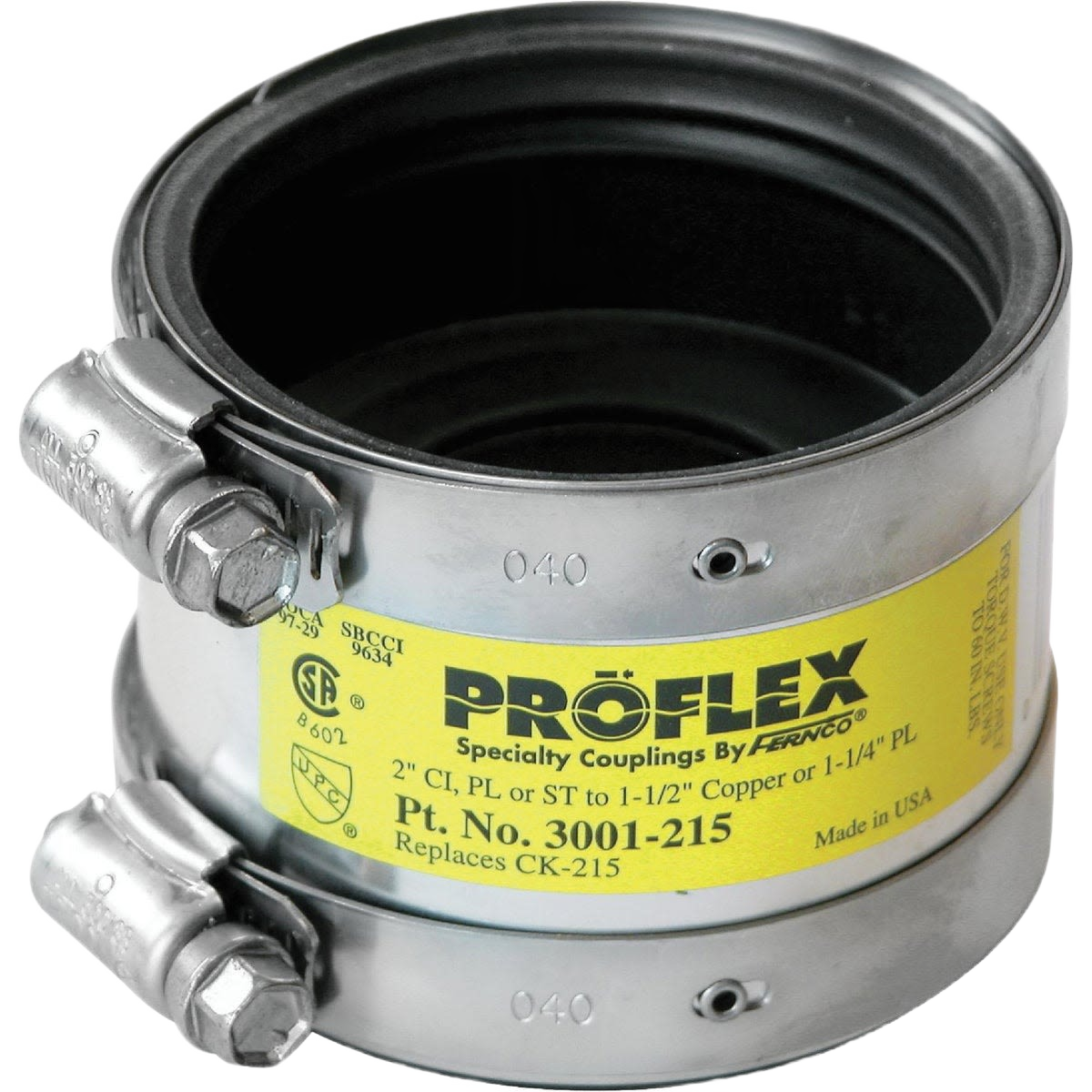 Elastomeric sleeve coupling with stainless steel shield clamps for plumbing pipe connections under $50 in home improvement.