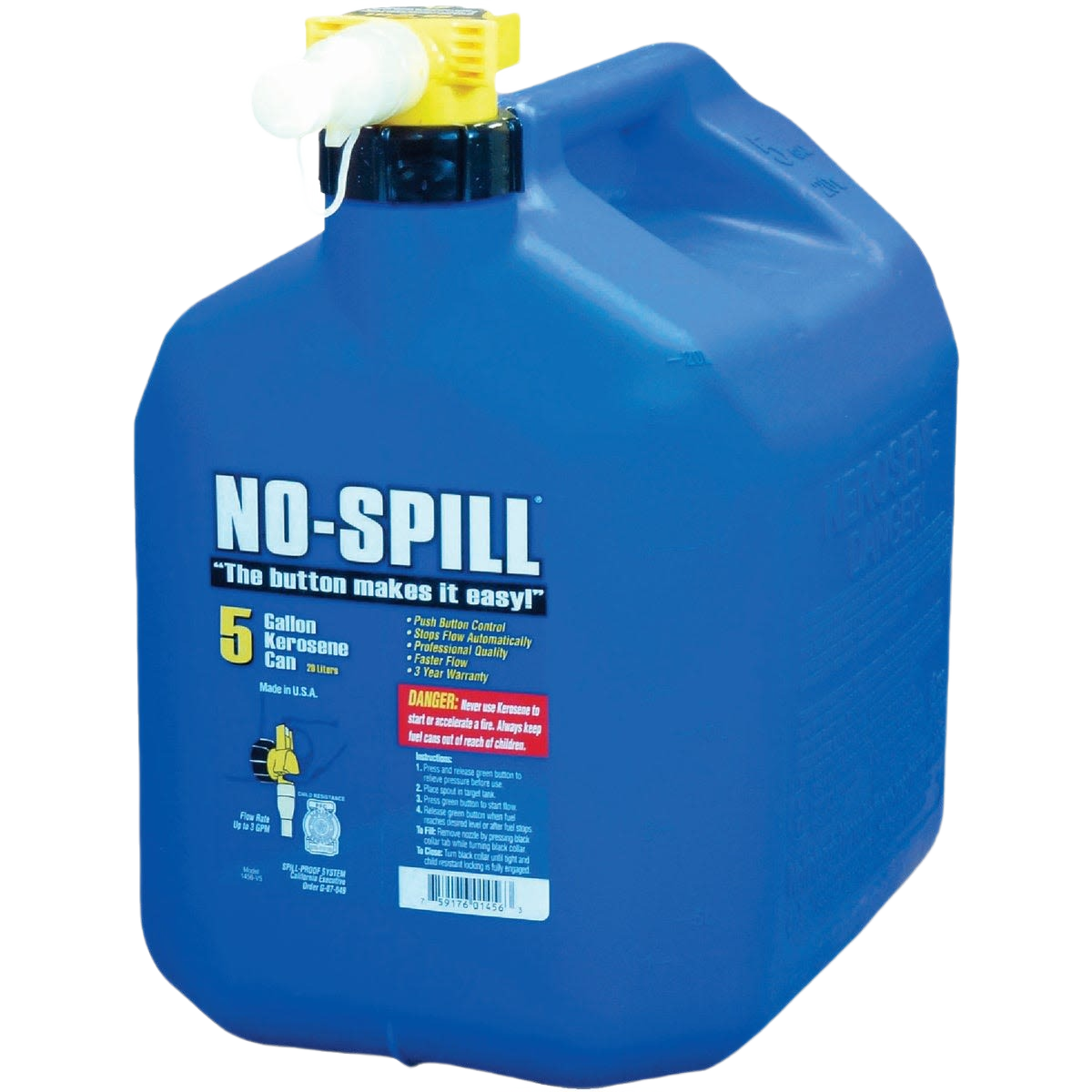 Blue 5-gallon no-spill fuel can with yellow spout designed for automotive tools and car accessories collections