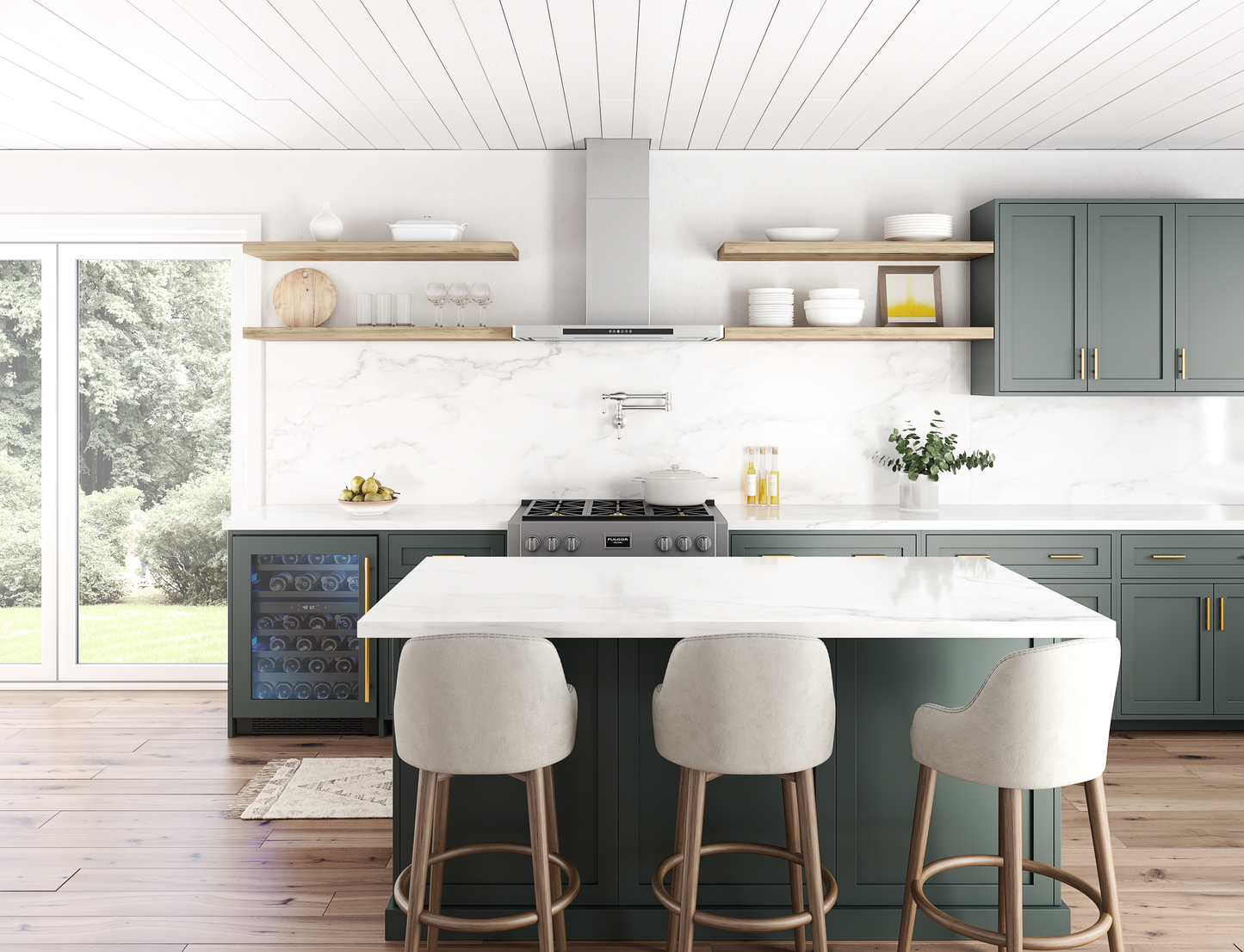 Contemporary kitchen featuring a Vista Chimney Hood 36 with invisible touch controls in a stylish appliances setting.