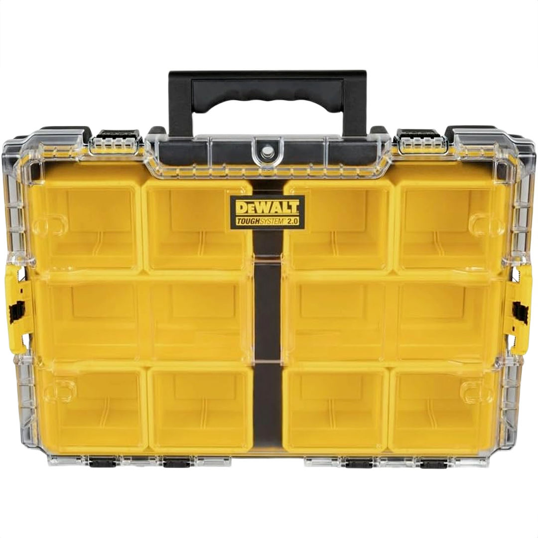 Yellow and black plastic organizer case with clear lid and handle for tools and home improvement storage