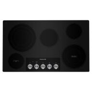 Black 36-inch electric cooktop with five radiant cooking elements and knob controls for kitchen appliances