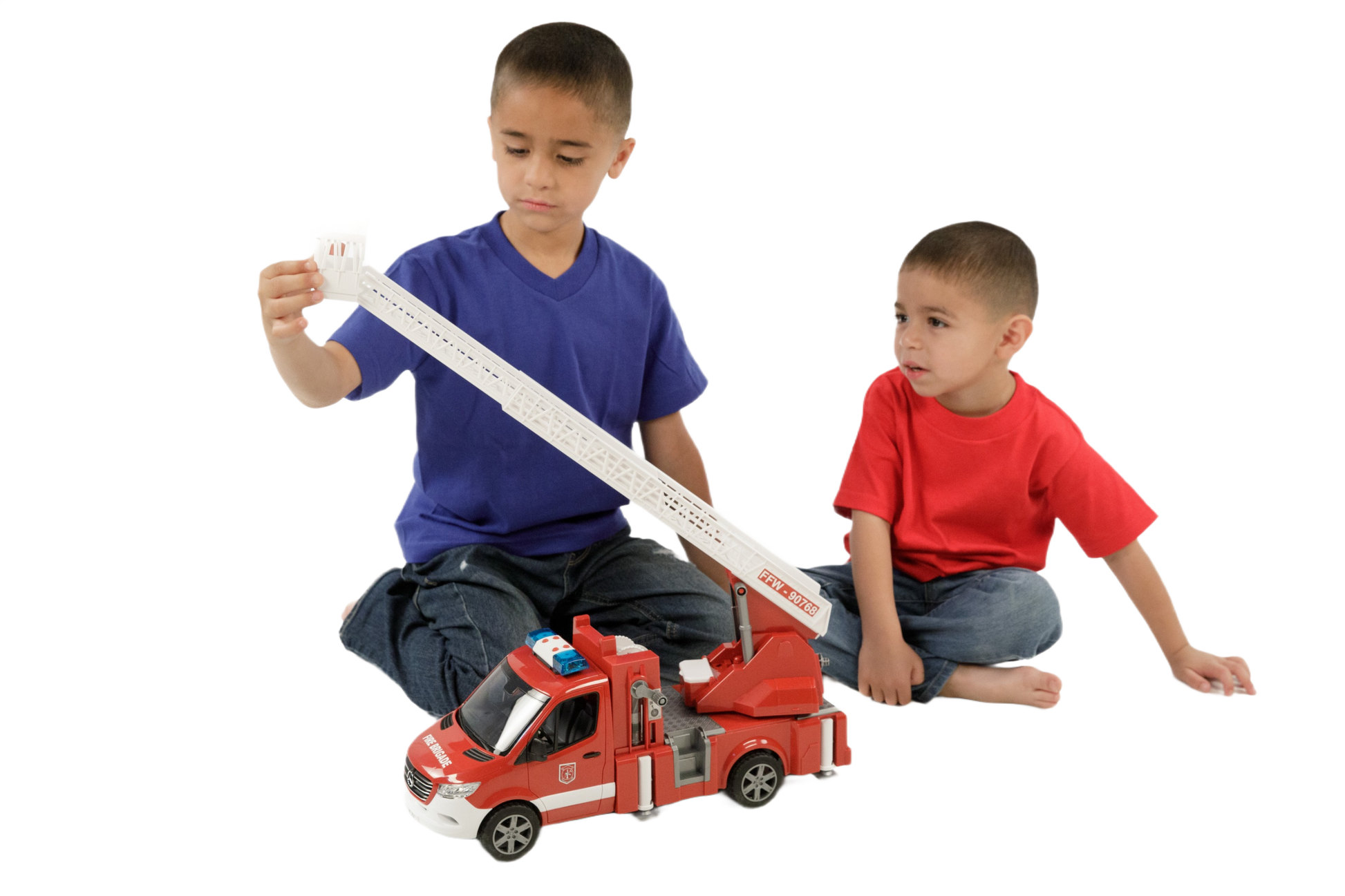 Two boys playing with a red Bruder MB Sprinter fire engine featuring an extendable ladder for imaginative play