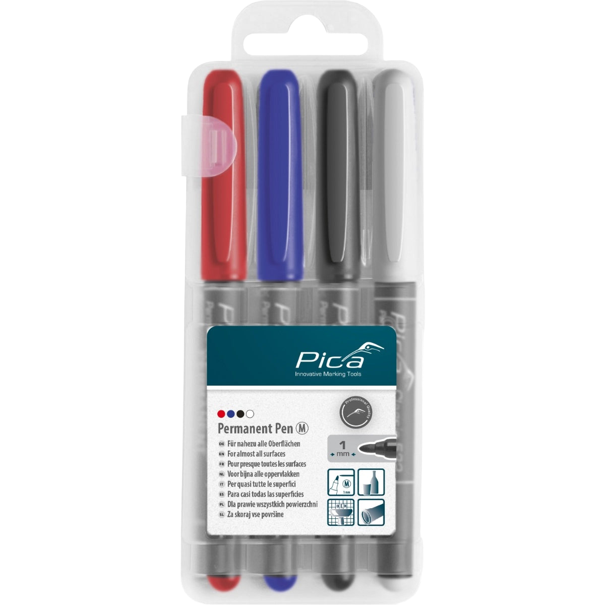Set of four permanent markers in red, blue, black, and white with fine and medium tips for woodworking and hand tools.