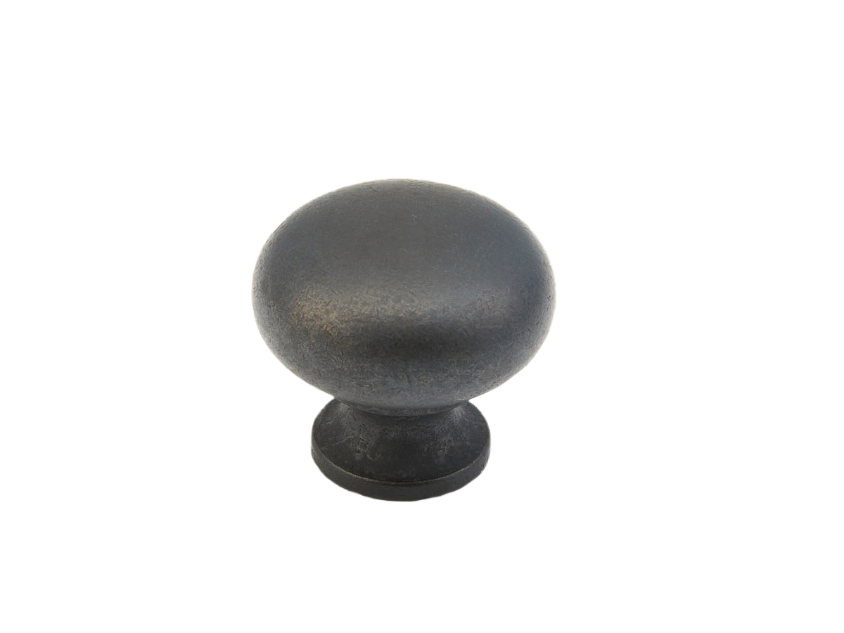Traditional style 1-1/4 inch solid brass cabinet knob with distressed bronze finish for furniture hardware and home improvement.