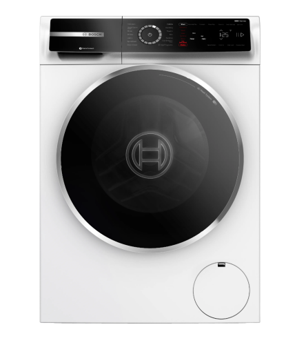 Front view of white Bosch compact washer with digital display and circular door in Washers and Appliances collections