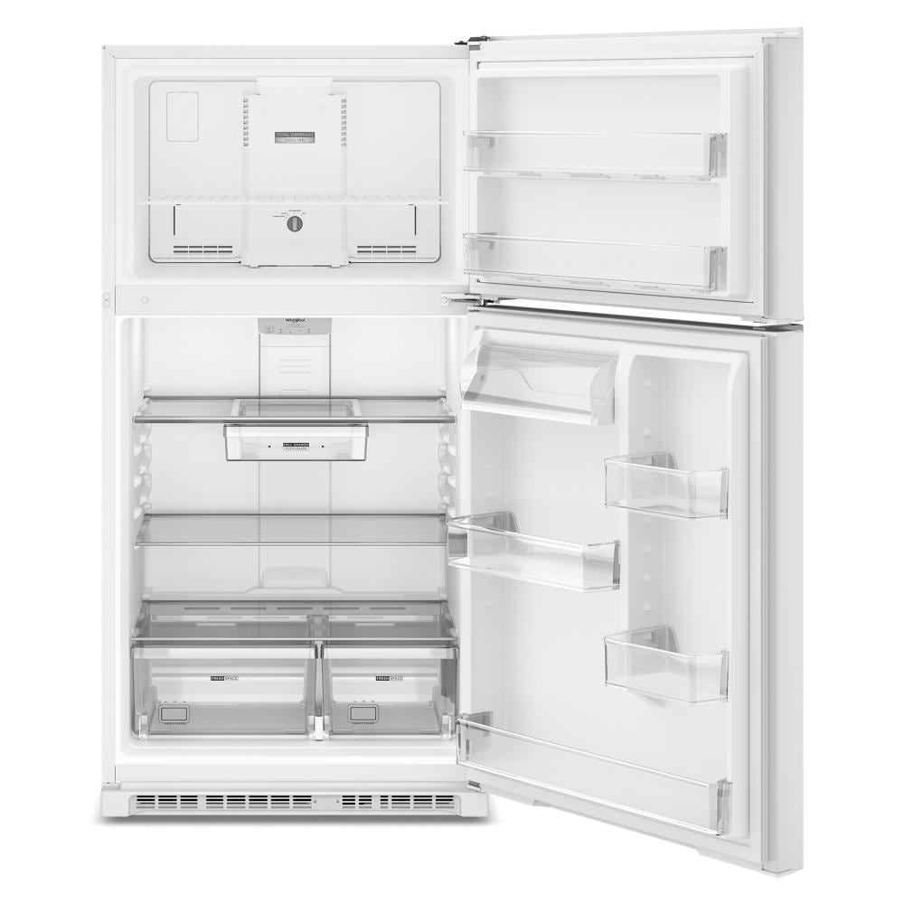White Whirlpool top freezer refrigerator with total coverage cooling, adjustable glass shelves, clear deli drawer, crispers, and door storage bins, part of Refrigerators, Top Freezer Refrigerators, Kitchen & Kitchenware, All Products, Appliances collections.
