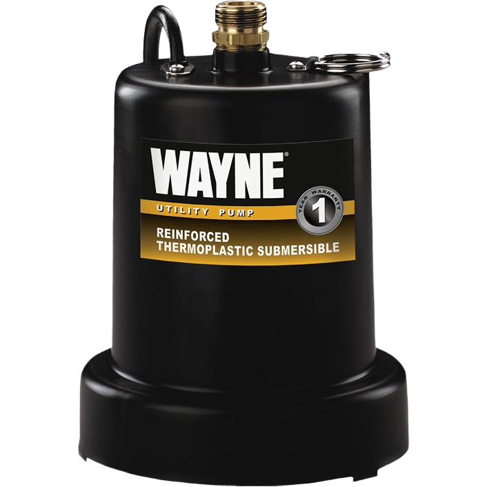 Black thermoplastic submersible utility pump with brass fittings and handle, designed for water removal in plumbing and rental equipment at Hartville Hardware.