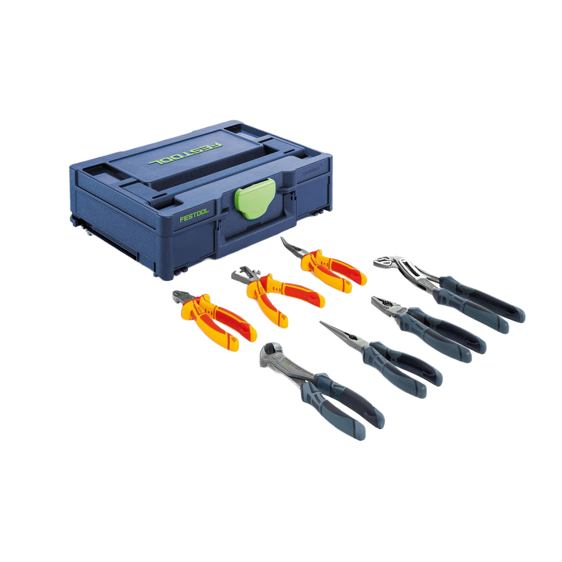 Set of durable pliers with orange and black handles next to a compact blue storage case for tools and home improvement tasks
