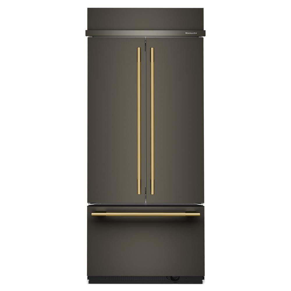 Built-in French door bottom mount refrigerator in dark finish with bronze handles from KitchenAid appliance collection