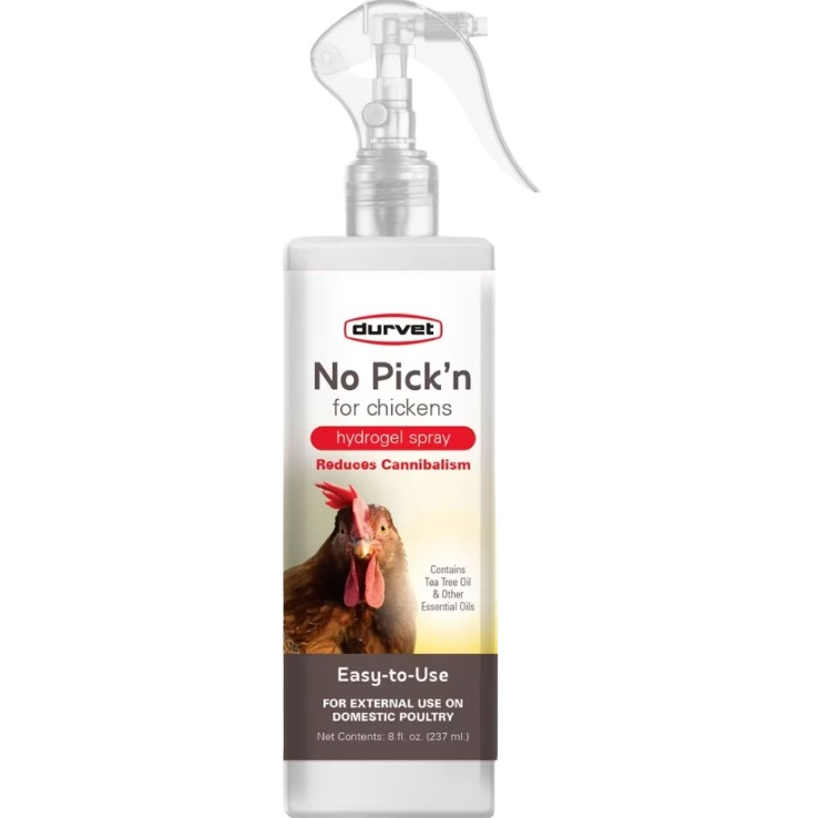 Clear plastic spray bottle of Durvet No Pickn hydrogel spray with image of chicken and easy-to-use label design