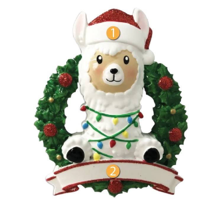 Festive red llama in a glittered wreath decorated with colorful Christmas lights for holiday tree decor under $50