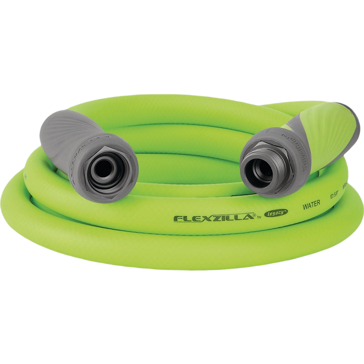 Bright green garden hose with gray swivel connectors, kink-resistant design for watering and irrigation tasks under $50.
