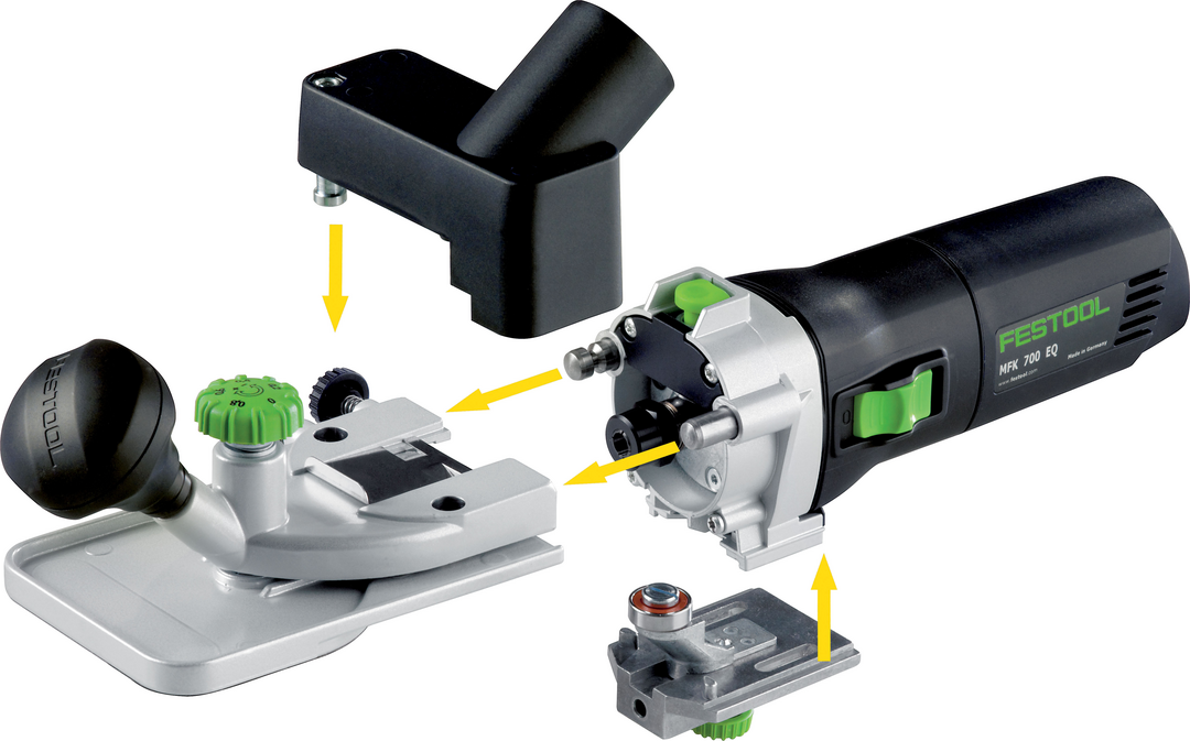Disassembled Festool MFK 700 EQ trim router components showing attachments for precise woodworking tasks