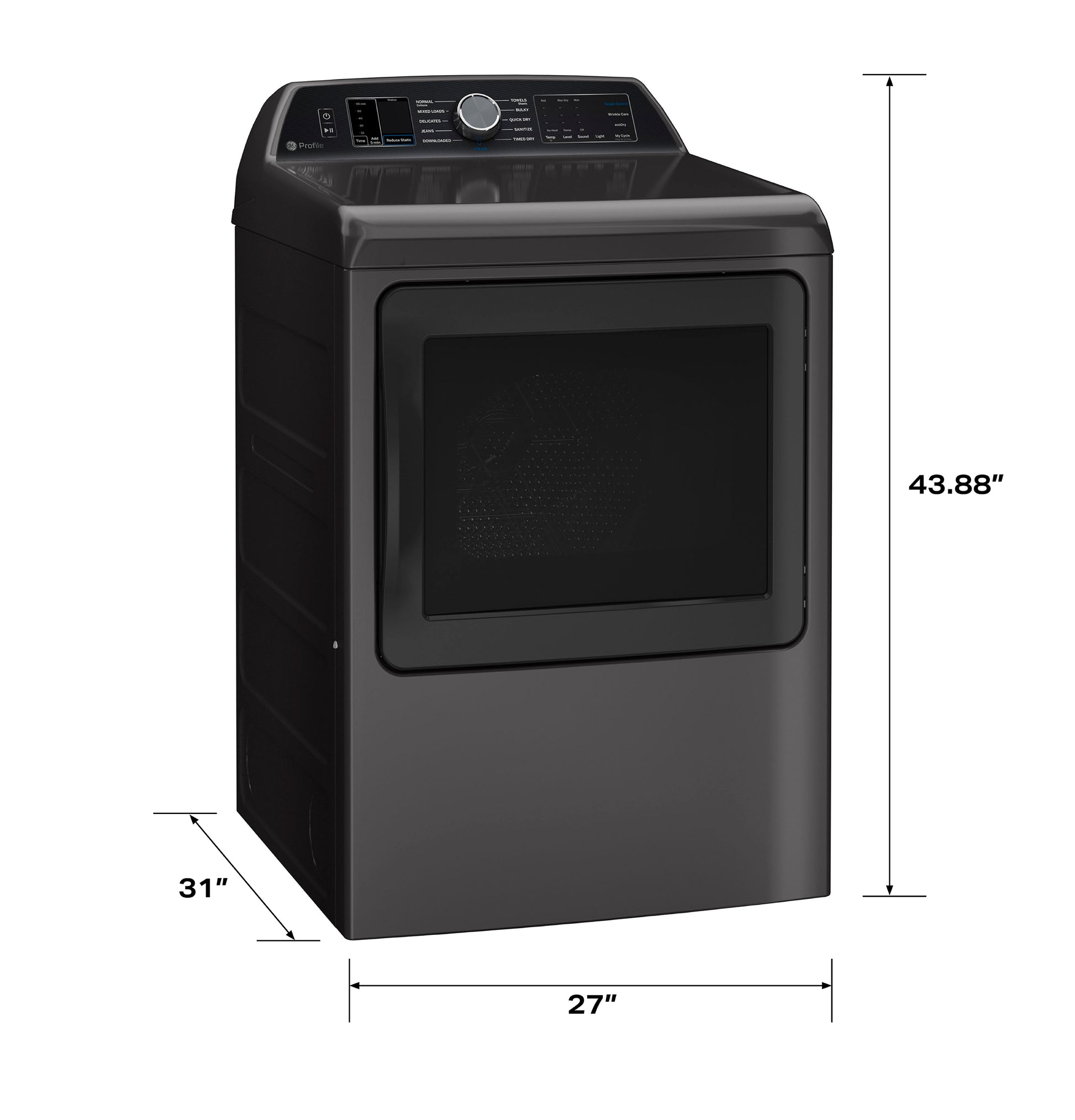 Dark smart electric dryer with digital control panel and front window including side and top dimension measurements