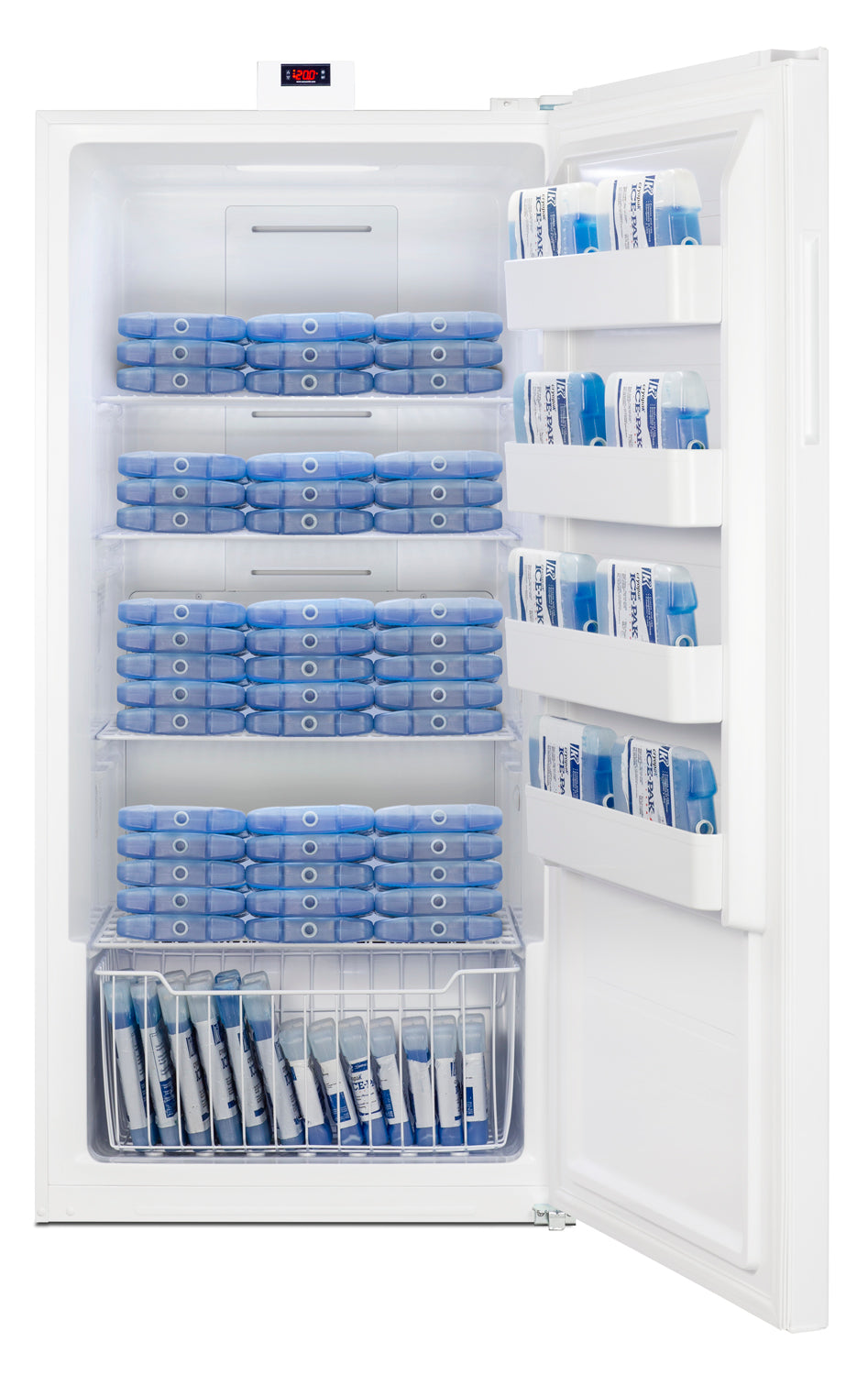 Open white upright freezer fully stocked with organized blue ice packs in shelves and door compartments from appliances collection