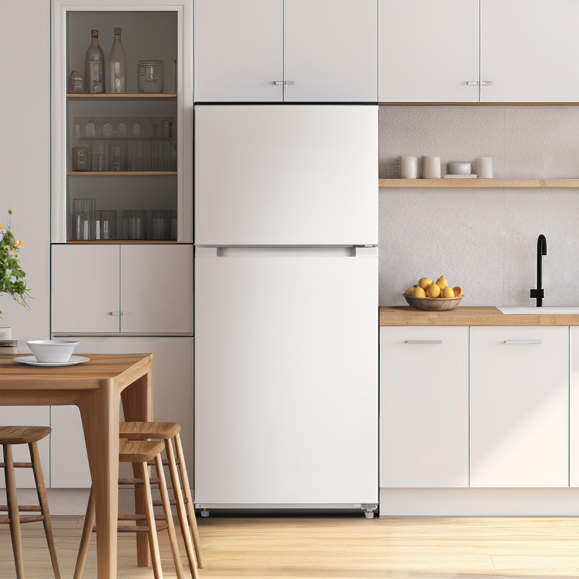 White top freezer refrigerator in a modern kitchen with white cabinetry and wooden accents for home appliances