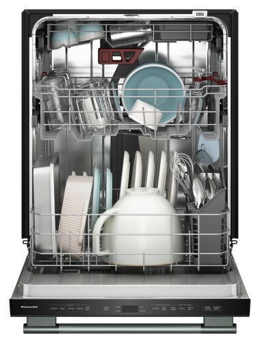 open KitchenAid dishwasher loaded with various dishes and utensils in dishwashers collection