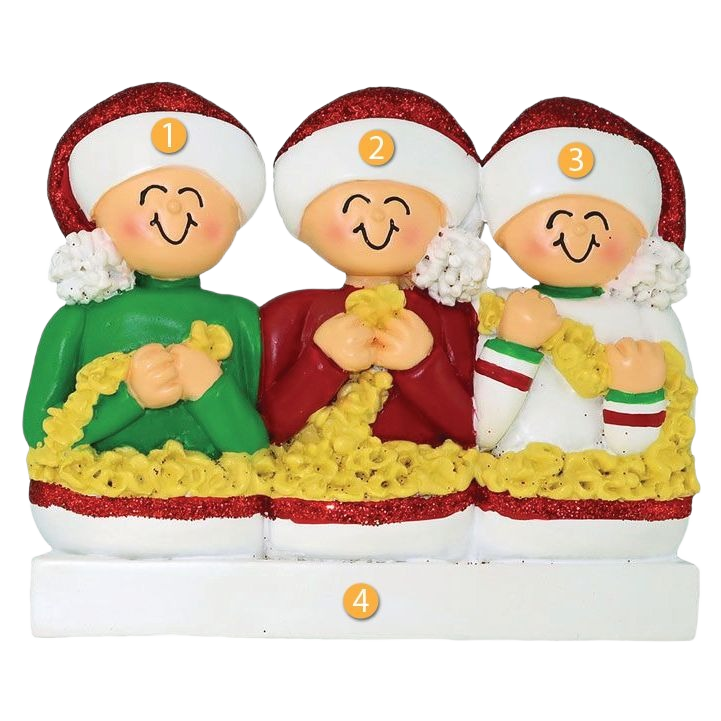 Personalized family of three figurines holding stringed popcorn with festive hats from Christmas Ornaments & Tree Decorations collection
