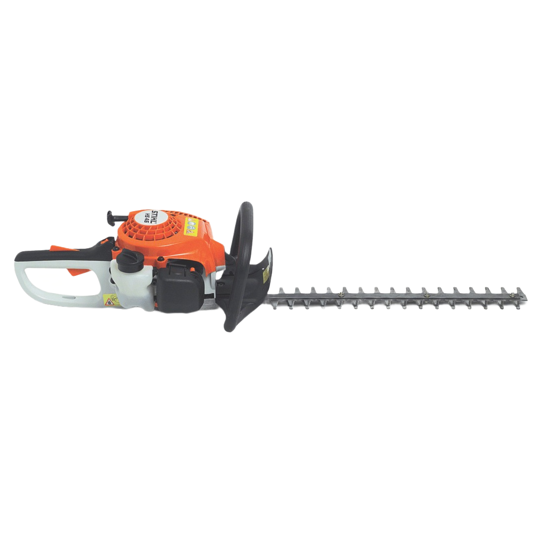 Orange and white lightweight gas-powered hedge trimmer with dual handles and an 18-inch cutting blade for home improvement tasks