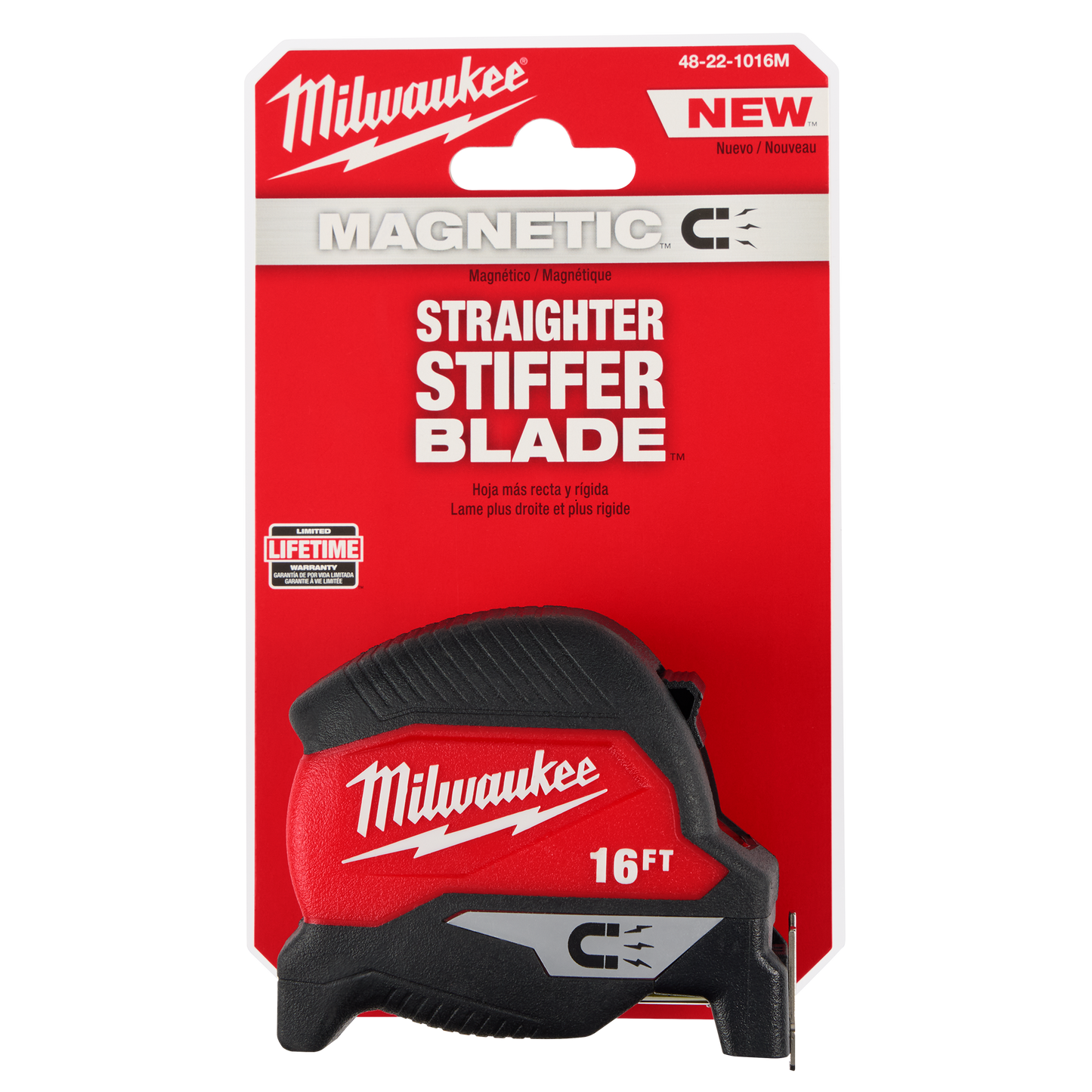 Red and black compact magnetic tape measure with wide stiffened blade designed for tools and home improvement tasks