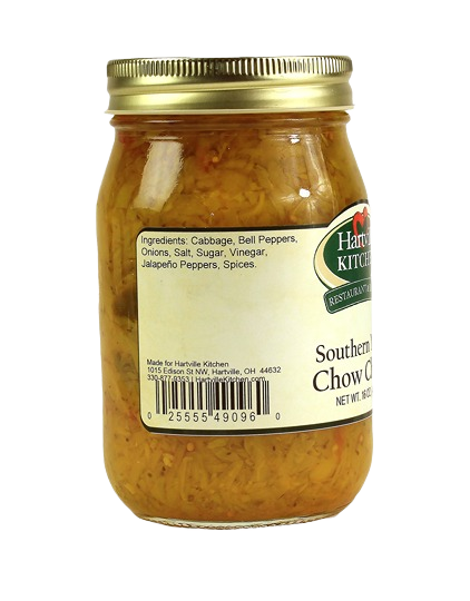 Glass jar of southern mild chow chow relish with gold lid in Hartville Kitchen preserved goods and food collection