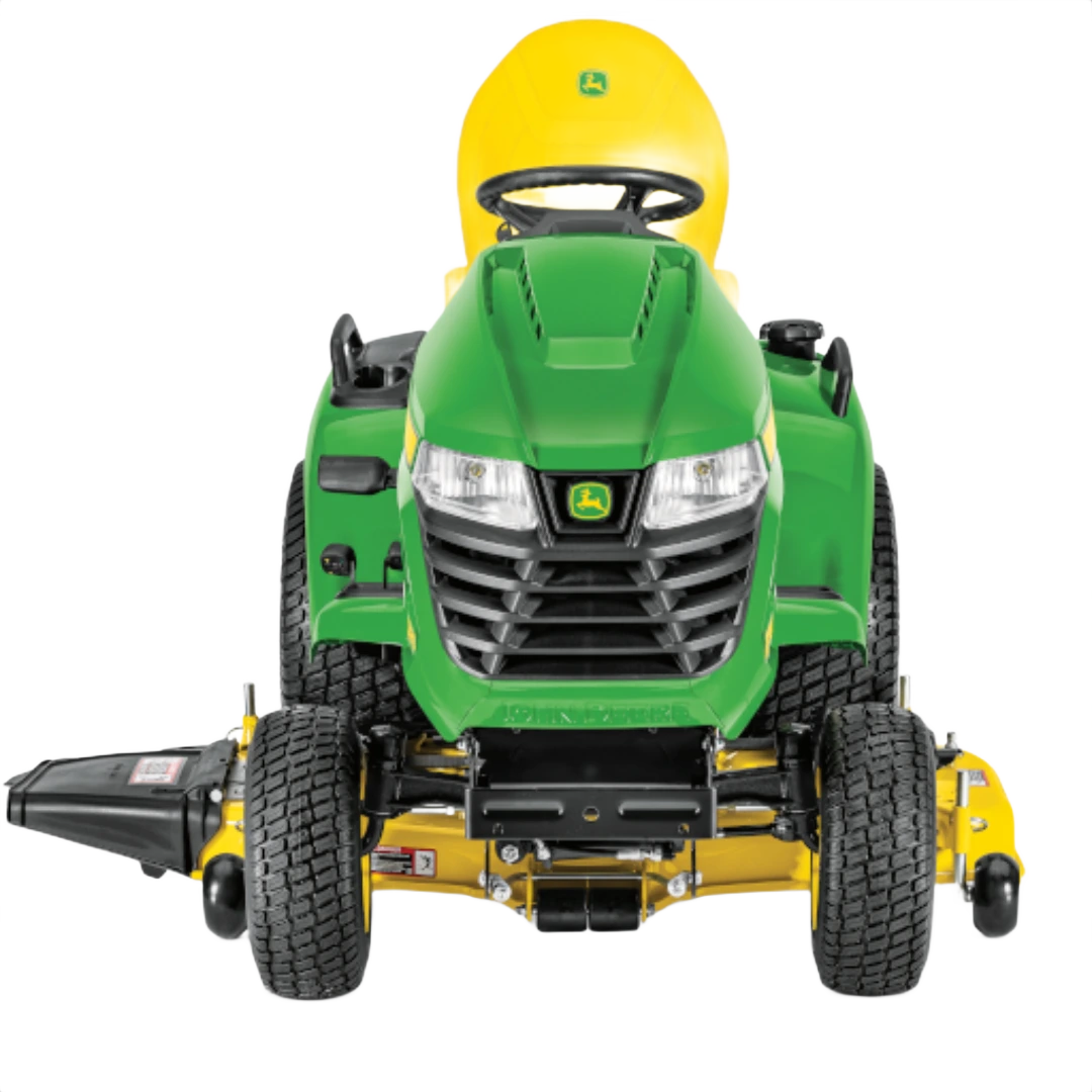 Green and yellow riding lawn tractor with front grille and 54-inch deck for outdoor power equipment and lawn care tasks
