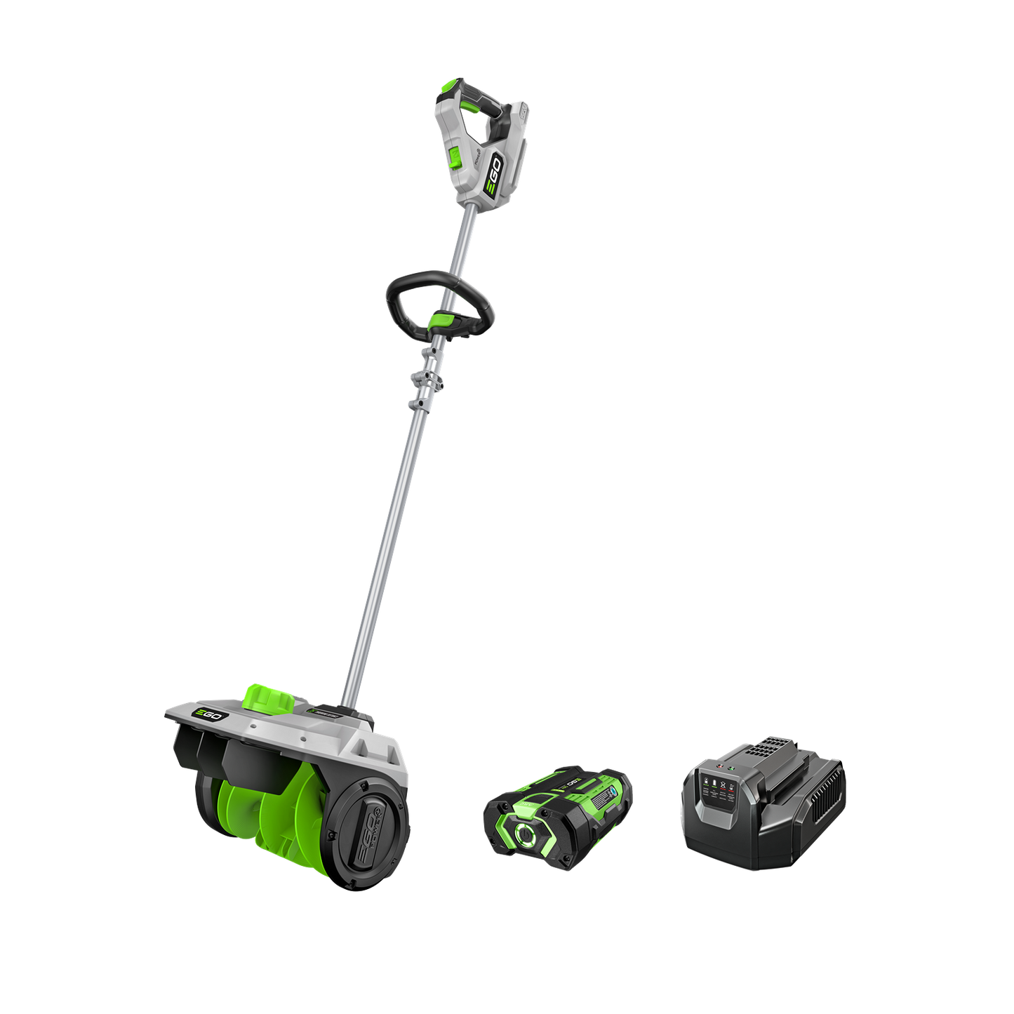 Cordless snow shovel with ergonomic handle, including battery and charger for efficient winter home improvement tasks