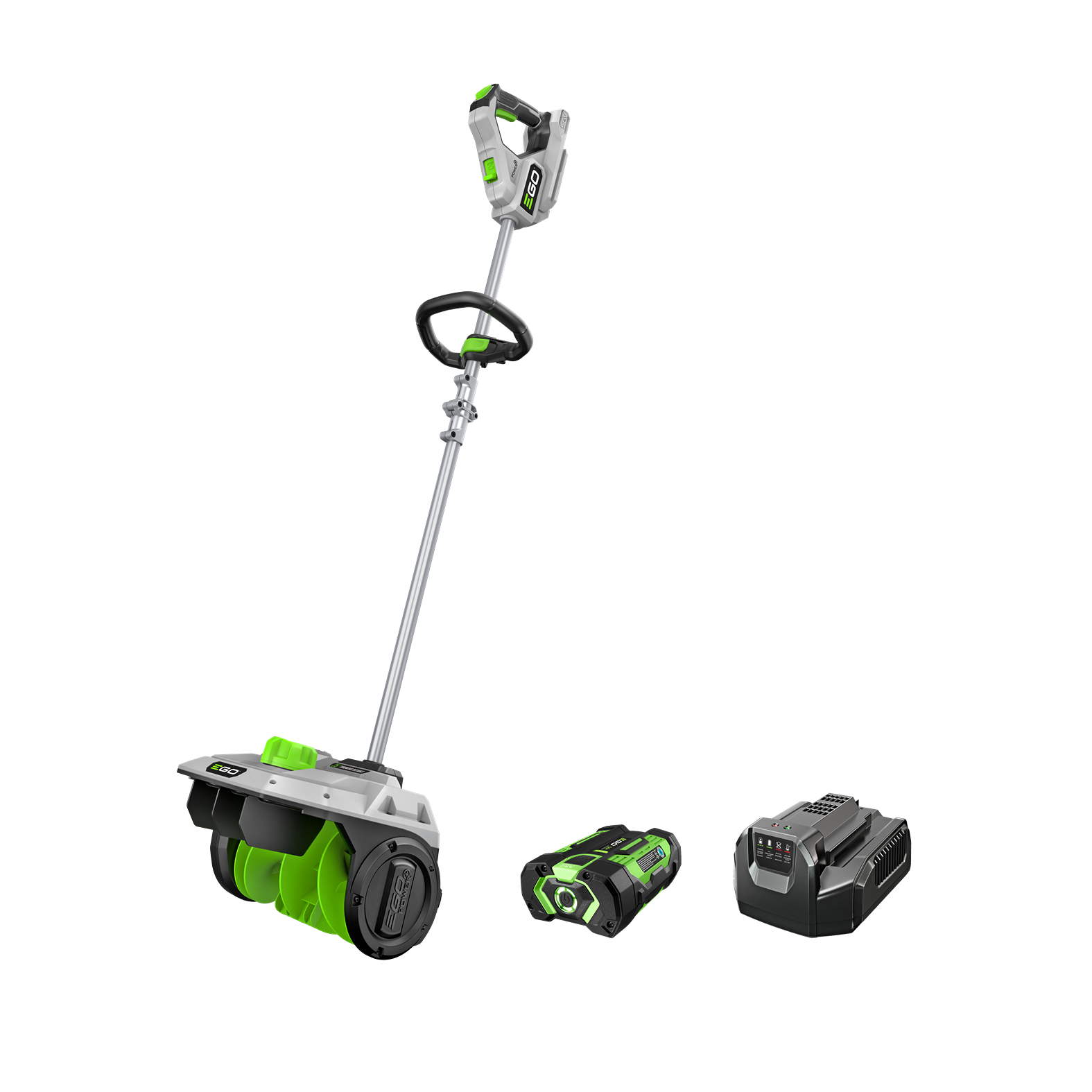 Cordless snow shovel with ergonomic handle, including battery and charger for efficient winter home improvement tasks